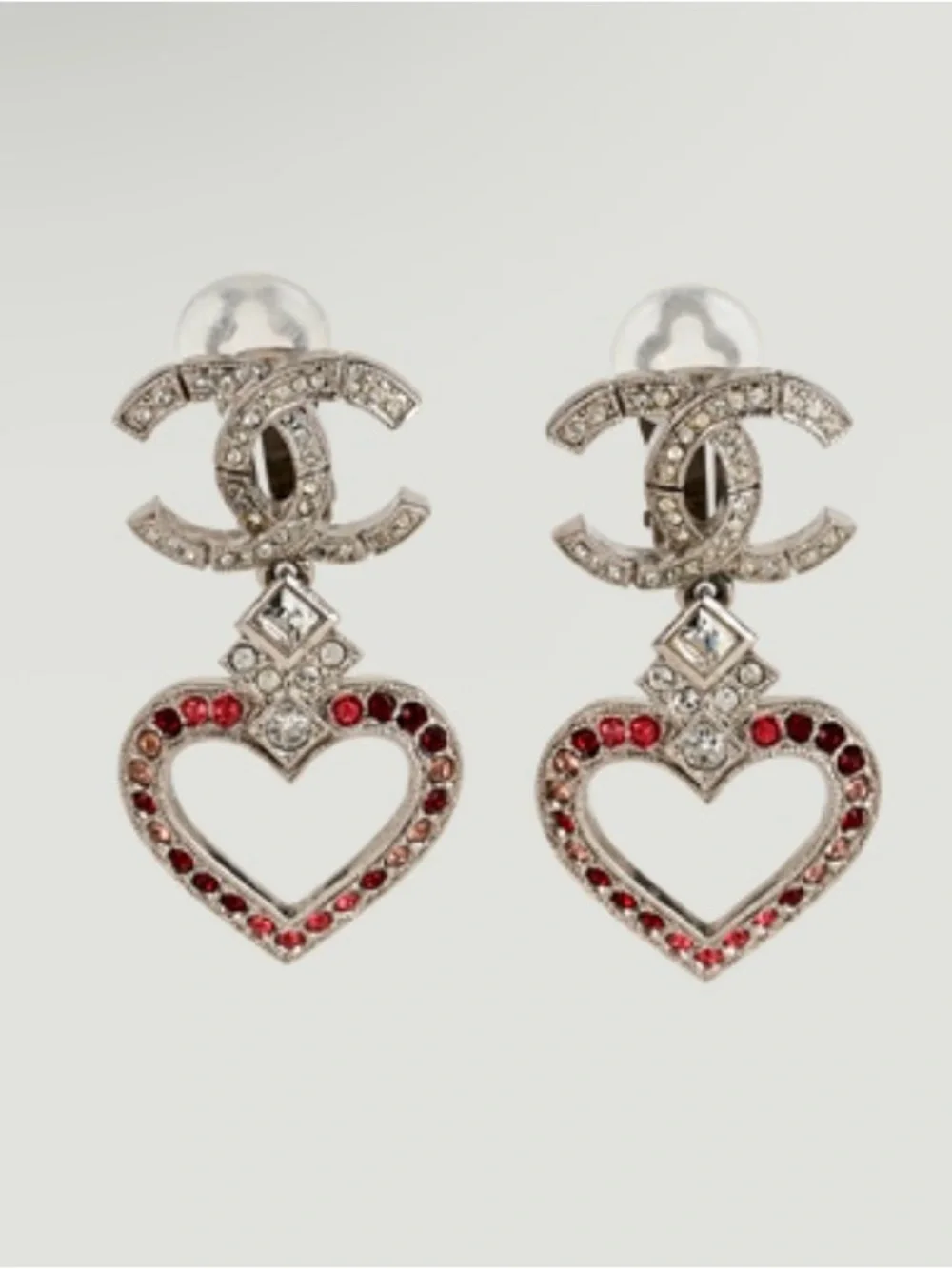 CHANEL Silver-Tone Crystal CC & Red Heart Drop Earrings
